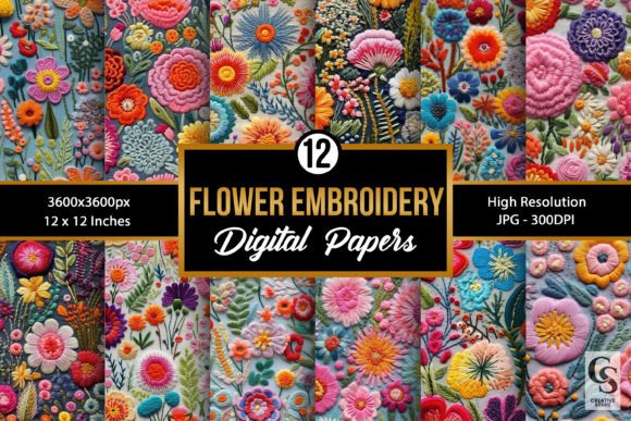 Colorful Flower Embroidery Digital Paper