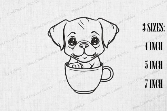 Cute Bulldog in Coffee Cup Embroidery
