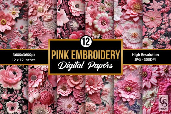 Pink Floral Embroidery Digital Papers