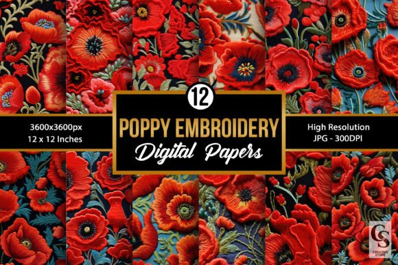 Poppy Flowers Embroidery Digital Papers